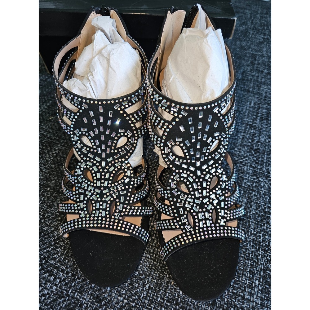 Forever Perform-60 Strappy Heels Women 6.5 Black NEW Rhinestone Cage Kitten Heel